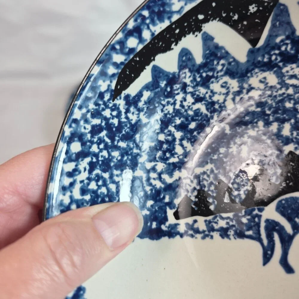TWO Tienshan Folk Craft Wolf Coupe Cereal Bowls Blue Wolf & Sponge Rim